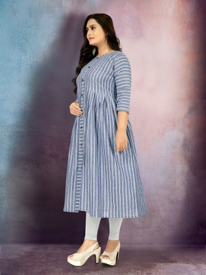 Ladylaz Women Printed Flared Kurta(Blue)