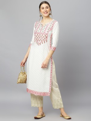 FASHION DEPTH Women Embroidered Straight Kurta(White)