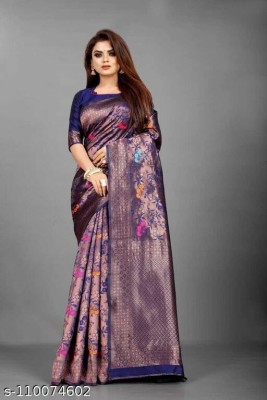 BLEESBURY Paisley, Temple Border, Ombre, Woven, Polka Print Banarasi Jacquard, Art Silk Saree(Dark Blue)