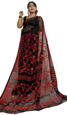 OWALID Self Design Daily Wear Cotton Blend Saree(Red, Black)