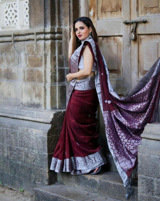 ESOMIC Solid/Plain Banarasi Pure Silk Saree(Maroon)
