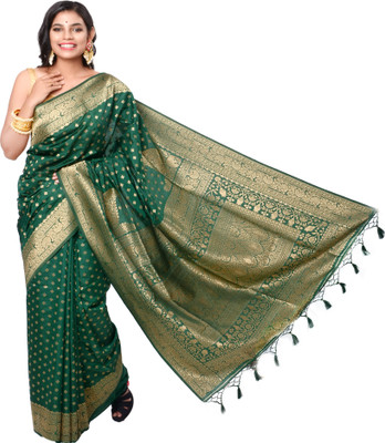 rayie collection Self Design Handloom Cotton Silk Saree(Green)