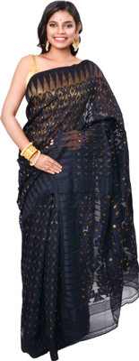 rayie collection Embroidered Handloom Cotton Blend Saree(Black)