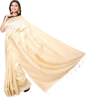 rayie collection Self Design Handloom Cotton Silk Saree(Cream)