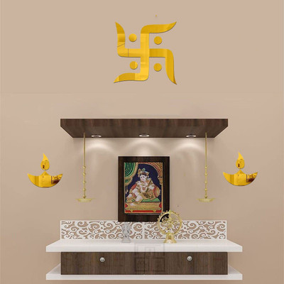 Asmi Collections 15 cm Beautiful Swastik and 2 Diyas Self Adhesive Golden Acrylic Mirror Self Adhesive Sticker(Pack of 3)