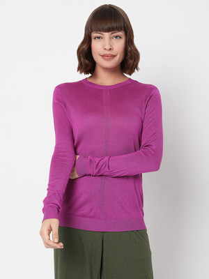 VERO MODA Solid Round Neck Casual Women Pink Sweater