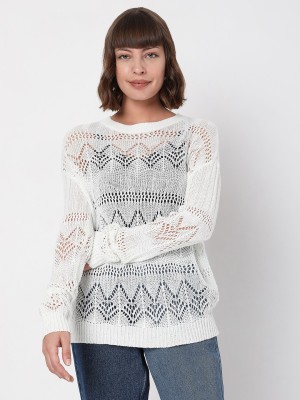 VERO MODA Self Design Round Neck Casual Women White Sweater