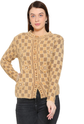 HITTIKA Checkered Round Neck Casual Women Brown Sweater