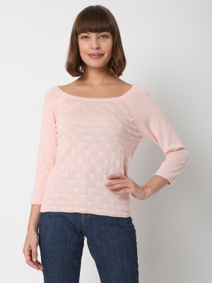 VERO MODA Self Design Round Neck Casual Women Pink Sweater