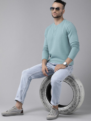 Roadster Self Design Men Henley Neck Blue T-Shirt