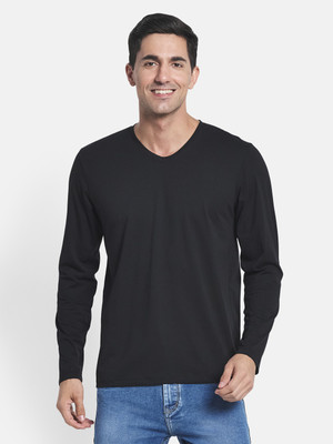 METTLE Solid Men V Neck Black T-Shirt