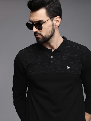 WROGN Self Design Men Polo Neck Black T-Shirt