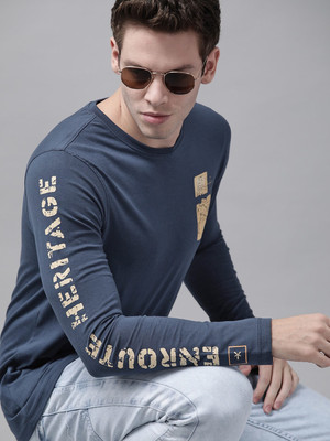 Roadster Printed Men Round Neck Dark Blue T-Shirt