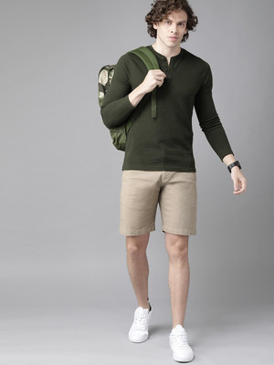 Roadster Self Design Men Henley Neck Green T-Shirt