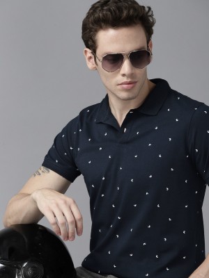 Roadster Printed Men Polo Neck Dark Blue T-Shirt