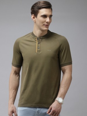 VAN HEUSEN Solid Men Mandarin Collar Dark Green T-Shirt