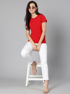 CLOCHOICE Solid Women Round Neck Red T-Shirt