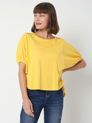 VERO MODA Solid Women Round Neck Yellow T-Shirt