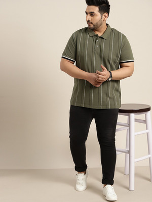 Sztori Striped Men Polo Neck Dark Green T-Shirt