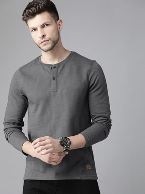 Roadster Self Design Men Henley Neck Grey T-Shirt