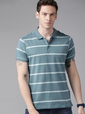 Roadster Striped Men Polo Neck Blue T-Shirt