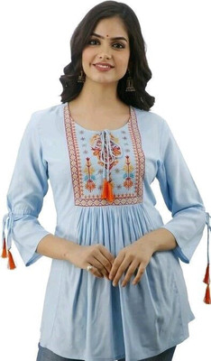 Mahinfashion Casual Embroidered Women Light Blue Top