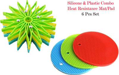 Smiling Cart Combo Trivet/Coaster Mat 3 Plastic & 3 Silicone Mats (Set of 6) Silicone Trivet(Pack of 6)