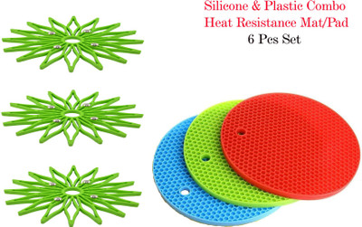 Smiling Cart Combo Pot Holder Trivet/Coaster Mat 3 Plastic & 3 Silicone Mats (Set of 6) Silicone Trivet(Pack of 6)