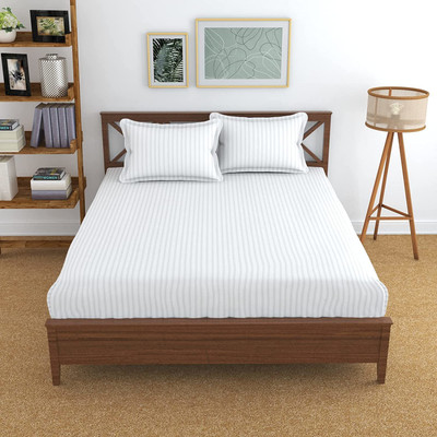Amrange 210 TC Cotton Double Striped Flat Bedsheet(Pack of 1, White)