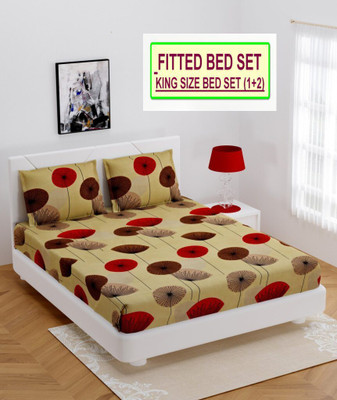 Roomesssentials 310 TC Microfiber King Floral Fitted (Elastic) Bedsheet(Pack of 1, Brown)