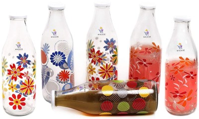 Machak Decal Glass Water Bottle For Fridge Assorted (Set of 6) 1000 ml Bottle(Pack of 6, Clear, Glass)