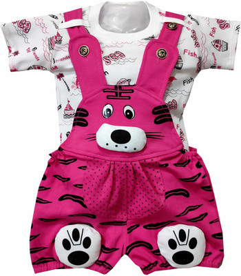 Shreesai Dungaree For Baby Boys & Baby Girls Casual Printed Cotton Blend(Pink, Pack of 1)