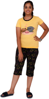 pink you fashion Kids Nightwear Girls Printed Cotton Blend(Multicolor Pack of 1)