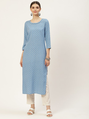 Hisham Women Printed Straight Kurta(Blue)