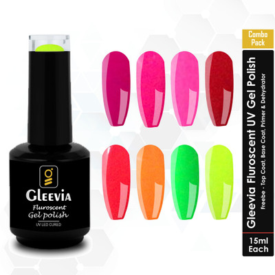 Gleevia UV/LED Soak-Off Fluorescent Gel Nail Polish for Professionals 15ml (12pc Combo) Shade Code - F1 to F8(Pack of 12)