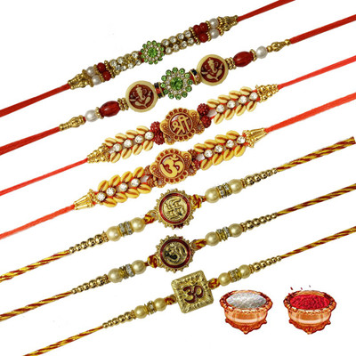MaaPrints Thread RAKHI-S2-S3-S4-S5-S6-S7-S8 Zardosi Rakhi, Chawal Roli Pack  Set(7 RAKHI, 1 ROLI CHAWAL)