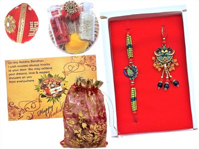 Artonezt Bhaiya Bhabhi Elegant Stone Beads Rakhi Set for Bhai Bhabhi Pearl Chawal Roli Pack, Greeting Card, Bag  Set(Rakhi Set, Greeting Card, Roli Chawal Chandan Pack, Shagun Nariyal, Shagun Potli)