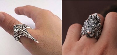 Syfer Lion Ring and Eagle/Turkish Ertugrul Gazi Ring for Boy and Men Combo pack of 2 Stainless Steel Silver Plated Ring Set