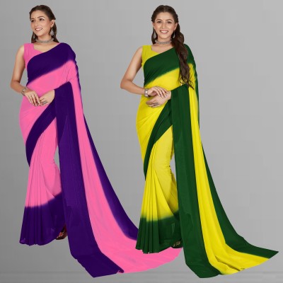 Anand Sarees Ombre, Striped, Dyed Bollywood Georgette Saree(Pack of 2, Purple, Dark Green, Green, Pink)