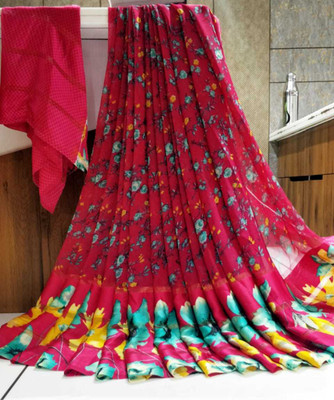 Bombey Velvat Fab Printed, Solid/Plain Bandhani Polyester, Chiffon Saree(Pink, Light Green)