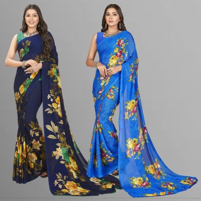 Anand Sarees Printed, Paisley, Ombre, Striped, Geometric Print, Animal Print, Floral Print, Checkered Daily Wear Georgette Saree(Pack of 2, Dark Blue)