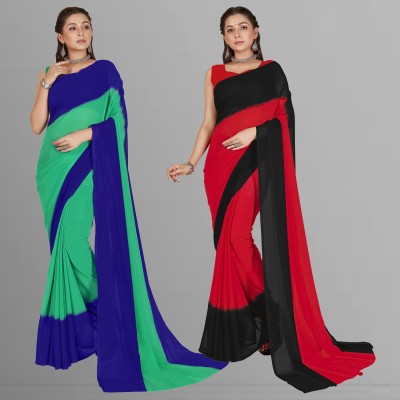 Anand Sarees Ombre, Striped, Dyed Bollywood Georgette Saree(Pack of 2, Dark Blue, Light Blue, Red, Black)