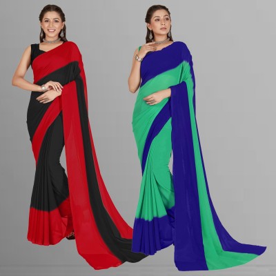 Anand Sarees Ombre, Striped, Dyed Bollywood Georgette Saree(Pack of 2, Dark Blue, Light Blue, Red, Black)