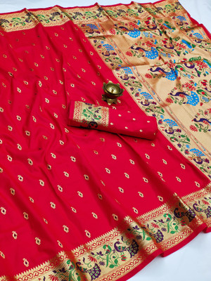 LeeliPeeri Designer Animal Print Paithani Silk Blend Saree(Red)