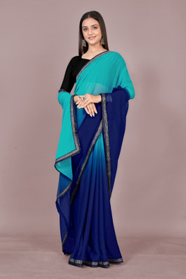 MM BROTHERS Applique Bollywood Georgette Saree(Blue)