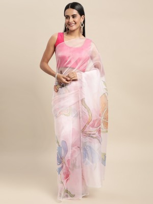 Kimisha Floral Print Bollywood Organza Saree(Cream)