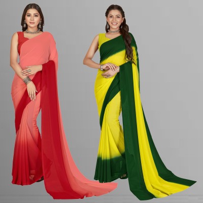 Anand Sarees Ombre, Striped, Dyed Bollywood Georgette Saree(Pack of 2, Dark Green, Red, Green, Pink)