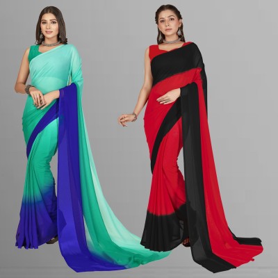 Anand Sarees Ombre, Striped, Dyed Bollywood Georgette Saree(Pack of 2, Red, Green, Blue, Black)