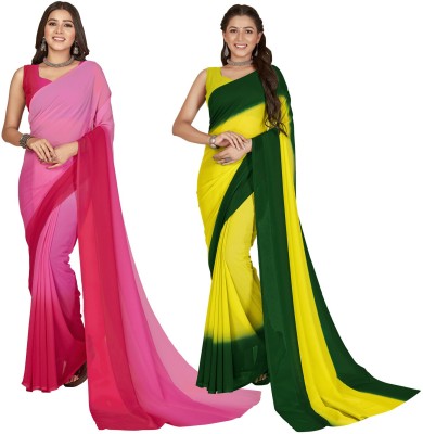 kashvi sarees Ombre, Striped, Dyed Bollywood Georgette Saree(Pack of 2, Dark Green, Green, Pink)