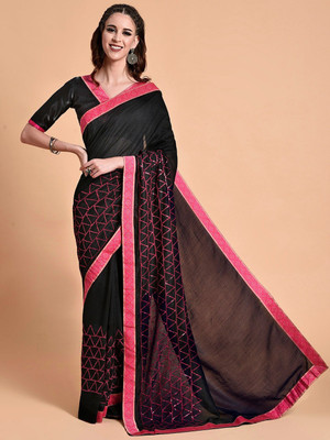 Sangria Geometric Print Bollywood Silk Blend Saree(Black)